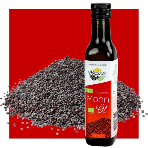 BIO Mohnöl in der 250 ml Flasche BIO Mohnöl, in Glasflasche